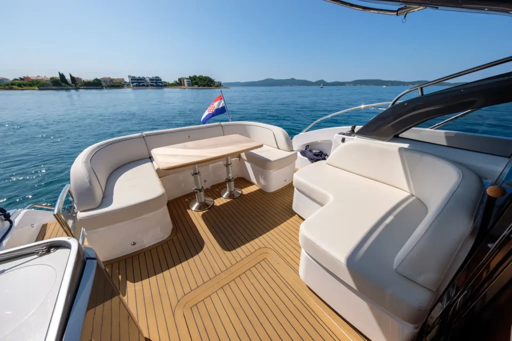 Gemütliche Außensitzgruppe der Princess V50 – Decksalon mit geschwungener Sitzecke, Holztisch und Panorama-Meerblick.