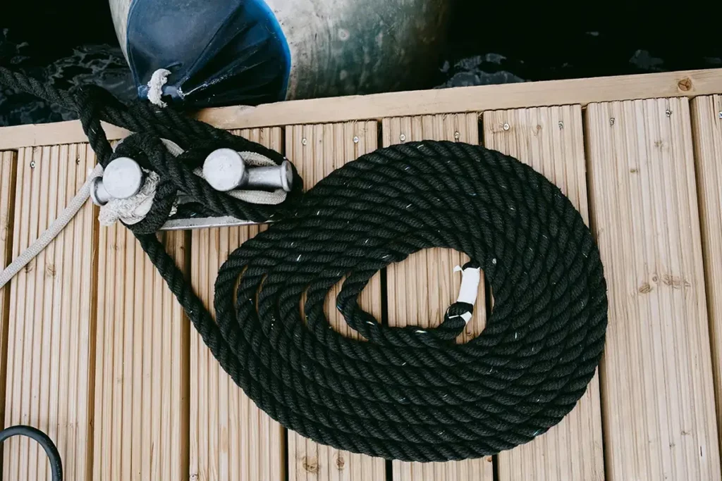 Yachtmark: Ein schwarzes Tau auf einem Steg