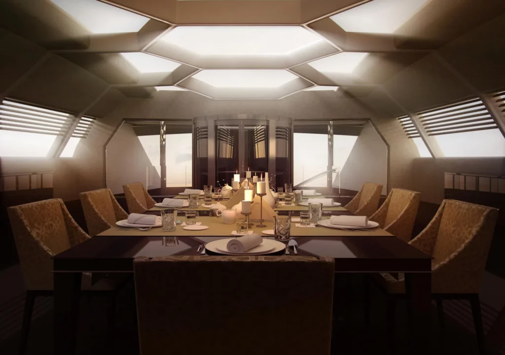 Esszimmer im Innenraum des 210 Sunreef Power Trimaran, ausgestattet mit einem großen Esstisch, eleganten Stühlen und einem modernen, geometrisch gestalteten Deckenlicht. Die Raumgestaltung strahlt Luxus und Exklusivität aus.