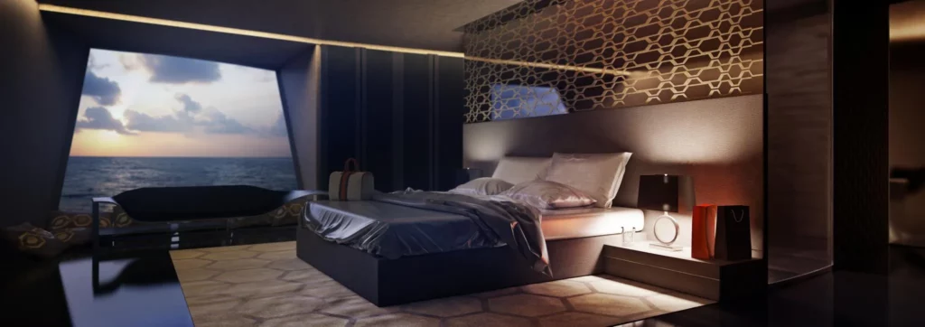 Ein luxuriöses Schlafzimmer im 210 Sunreef Power Trimaran, mit einem großen Bett, modernen Design-Elementen und einem Panoramafenster, das einen weiten Blick auf das Meer ermöglicht.