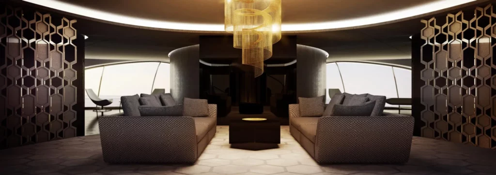 Großzügiger Wohnbereich im 210 Sunreef Power Trimaran, eingerichtet mit komfortablen Sofas, stilvollen Trennwänden und einer eleganten Deckenbeleuchtung. Der Raum wirkt einladend und luxuriös.