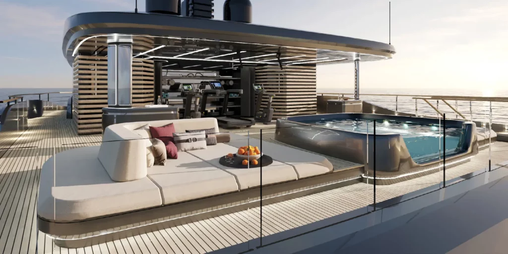ine Außenansicht des Decks des 50M Sunreef Explorer, das einen luxuriösen Whirlpool und eine gemütliche Lounge-Ecke zeigt. Im Hintergrund sind moderne Fitnessgeräte und die offene, stilvolle Architektur der Yacht zu sehen, die Komfort und Luxus betont.