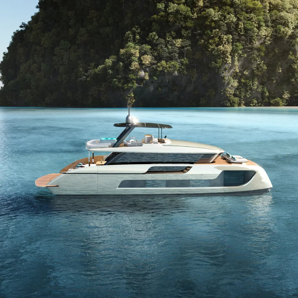 Seitenansicht der Sunreef Ultima 77 auf ruhigem Wasser, die das schlanke, moderne Design und die großzügigen Fensterflächen betont.