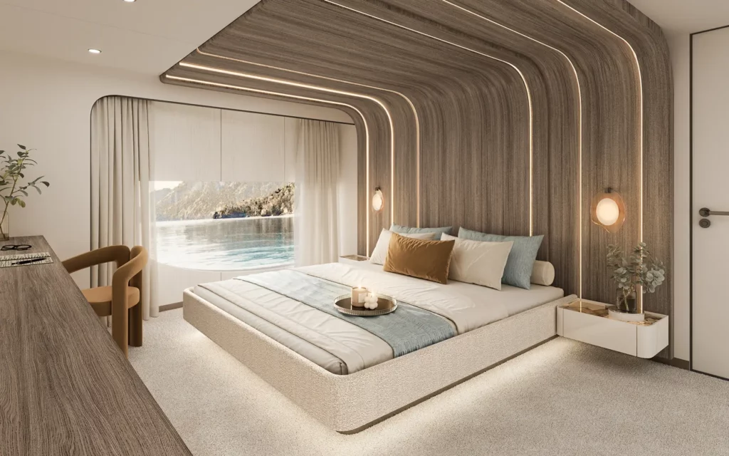 Luxuriöse Eignerkabine der Sunreef 88 Ultima mit modernem, kurvenreichem Holzdekor und Panoramablick aufs Meer.