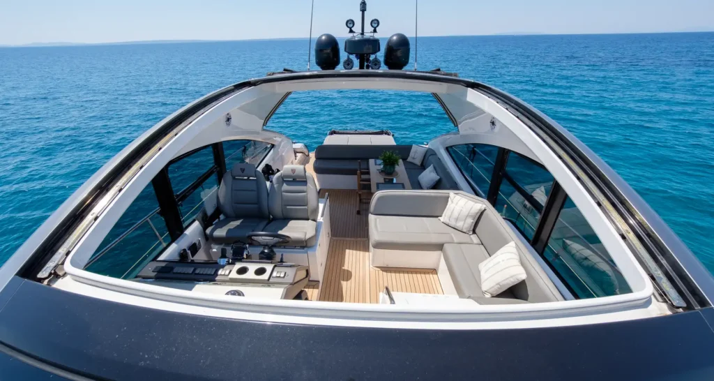 Gesamtansicht des offenen Cockpits der Fairline Targa 48 Open mit Loungebereichen und Steuerstand.