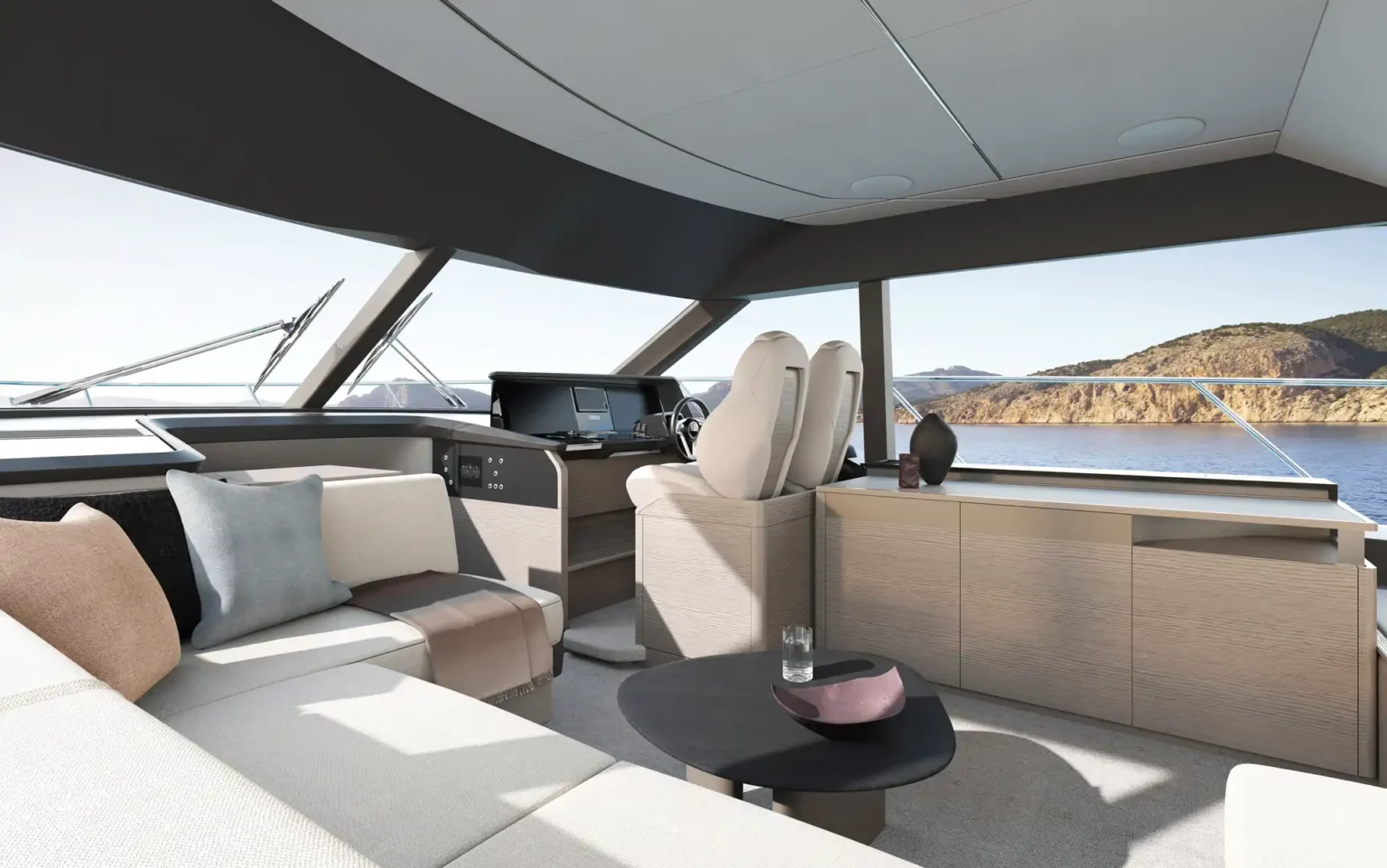 Steuerstand und Salon der Princess F54 mit modernem Design und hellem Silber-Eichenholz.